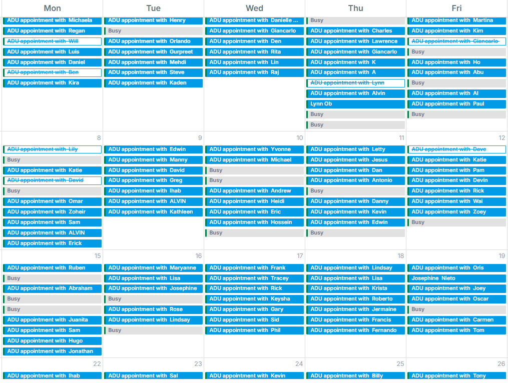 A calendar filled with booked ADU appointments