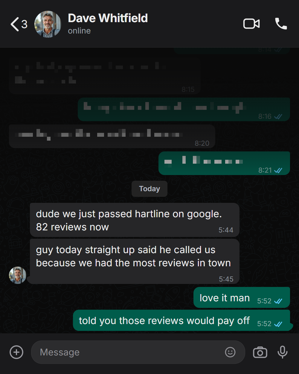 Client message: passed the biggest competitor on Google, 82 reviews now