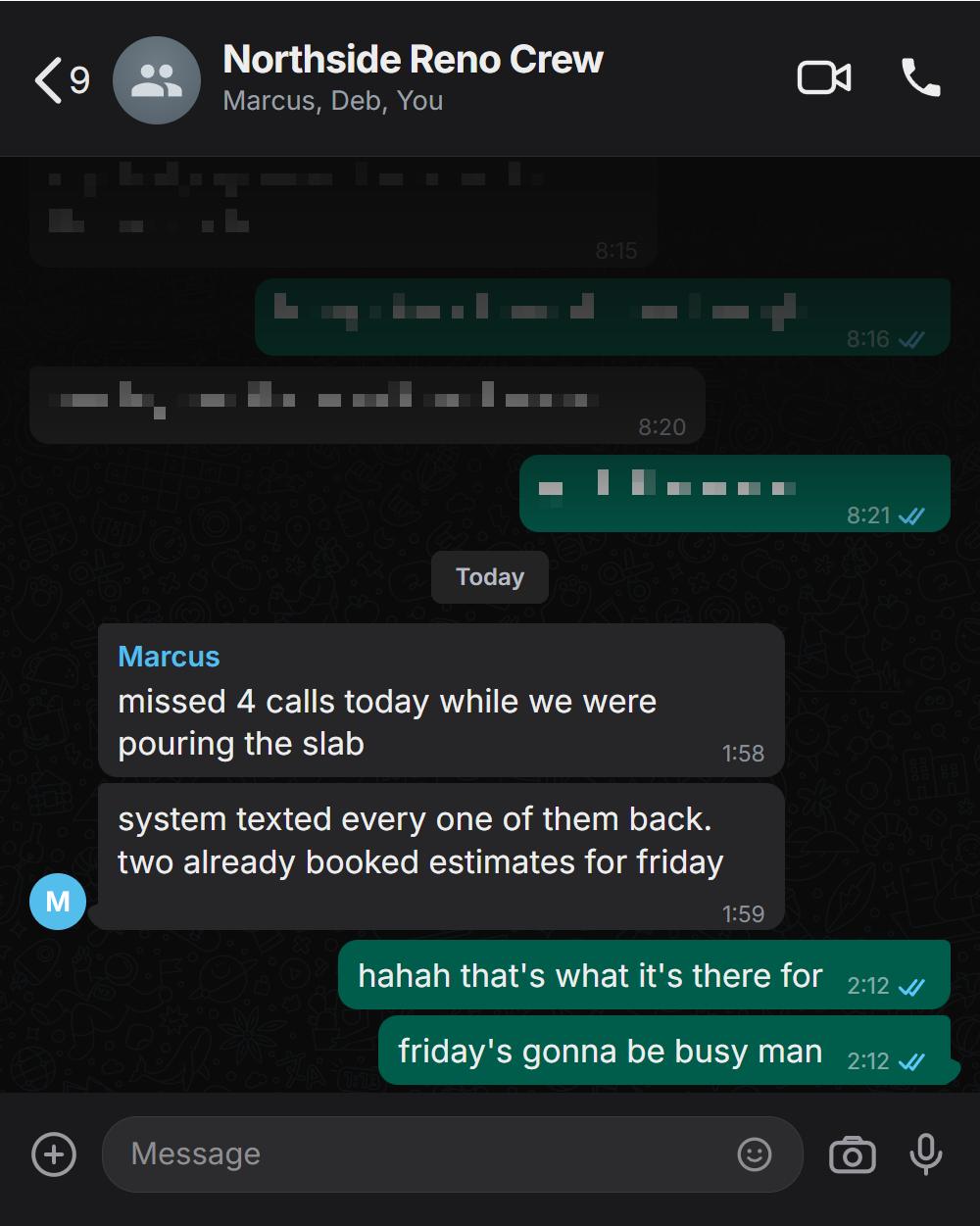 Client message: missed calls texted back and booked while on site