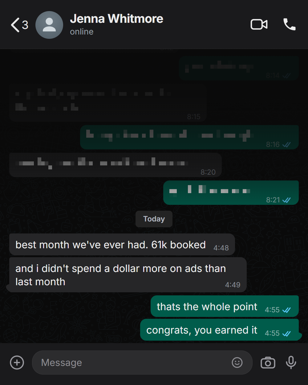 Client message: best month ever at 61k booked with no extra ad spend